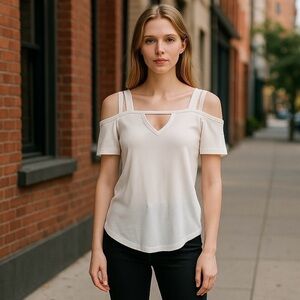 Be you Tiful Spaghetti Strap Off Shoulder Short Sleeve White Top‎